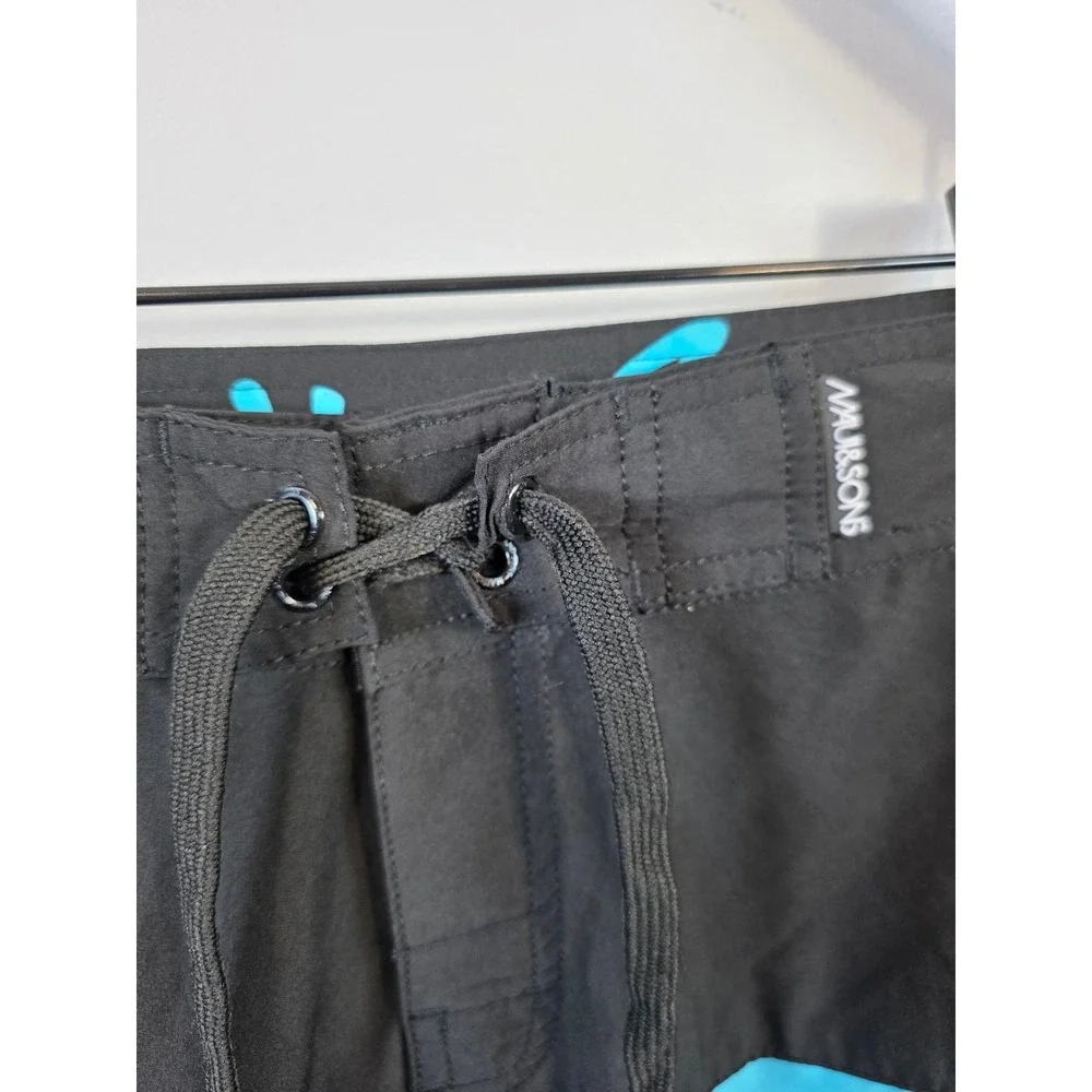Maui and Sons Mens Board Shorts Black Turquoise Color Block Swim Trunks Size 38